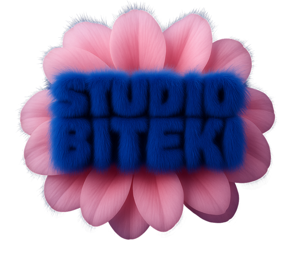 Logo for Studio Biteki — featuring soft pink 3D flower petals with bold, furry blue lettering spelling “STUDIO BITEKI” against a black background, combining tactile surrealism with a modern, high-fashion aesthetic.